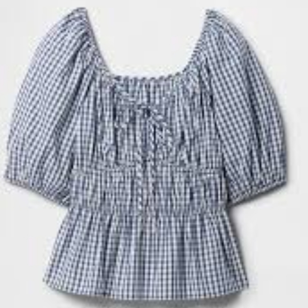 GAP Blue Gingham Puff-Sleeve Peplum Blouse Size XXL Nwt - Picture 2 of 6